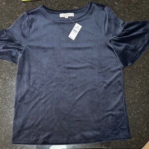 LOFT Women's Medium Dark Blue Blouse Velvet Feel‎ Bell Flare Sleeves